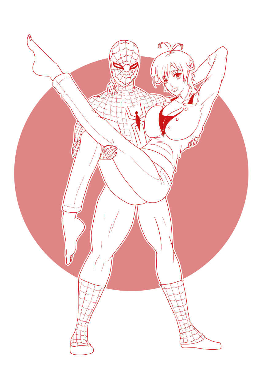 1boy, 1girl, absurdres, amaha_masane, animal_print, bandana, black_bra, black_pants, black_ribbon, bodysuit, bra, bracelet, breasts, brown_eyes, brown_footwear, brown_hair, casual, full_body, greyscale, hair_ribbon, highres, huge_breasts, jewelry, lowleg, lowleg_pants, marvel, mask, mattwilson83, midriff, monochrome, navel, outline, pants, peter_parker, pointing, red_bandana, ribbon, shirt, shoes, short_hair, skin_tight, spider-man_(series), spider_print, spider_web_print, superhero_costume, unbuttoned, unbuttoned_shirt, underwear, white_outline, witchblade, yellow_shirt