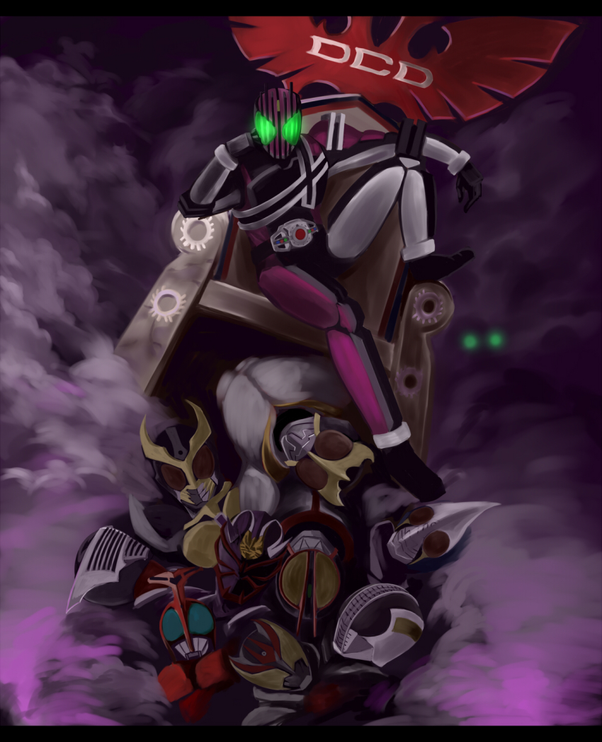 6+boys, bad_id, bad_pixiv_id, everyone, glowing, glowing_eyes, highres, horns, k_tsukumo, kamen_rider, kamen_rider_555, kamen_rider_agito, kamen_rider_agito_(ground_form), kamen_rider_agito_(series), kamen_rider_blade, kamen_rider_blade_(series), kamen_rider_dcd, kamen_rider_decade, kamen_rider_den-o, kamen_rider_den-o_(plat_form), kamen_rider_den-o_(series), kamen_rider_faiz, kamen_rider_hibiki, kamen_rider_hibiki_(series), kamen_rider_kabuto, kamen_rider_kabuto_(series), kamen_rider_kiva, kamen_rider_kiva_(series), kamen_rider_kuuga, kamen_rider_kuuga_(growing_form), kamen_rider_kuuga_(series), kamen_rider_ryuki, kamen_rider_ryuki_(series), male_focus, multiple_boys, on_throne, single_horn, throne, yanagi_ryuuta