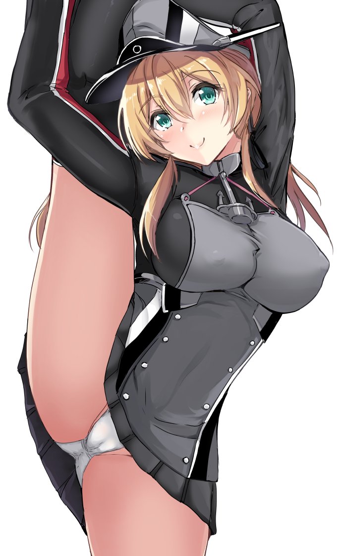 1girl, anchor, aqua_eyes, black_skirt, black_thighhighs, blonde_hair, flexible, gin'ichi_(akacia)