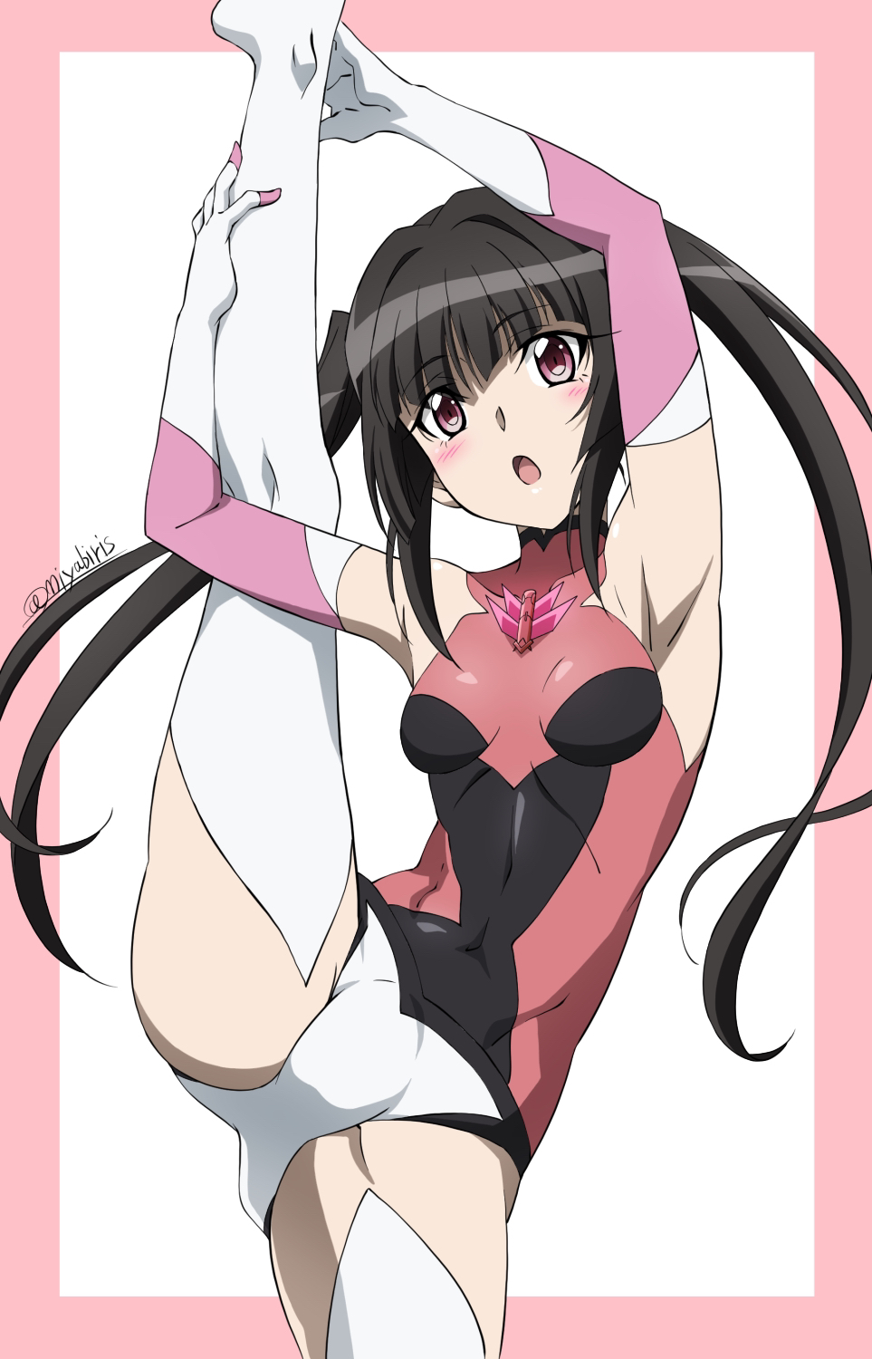 1girl, black_hair, blunt_bangs, blush, breasts, covered_navel, flexible, high_kick