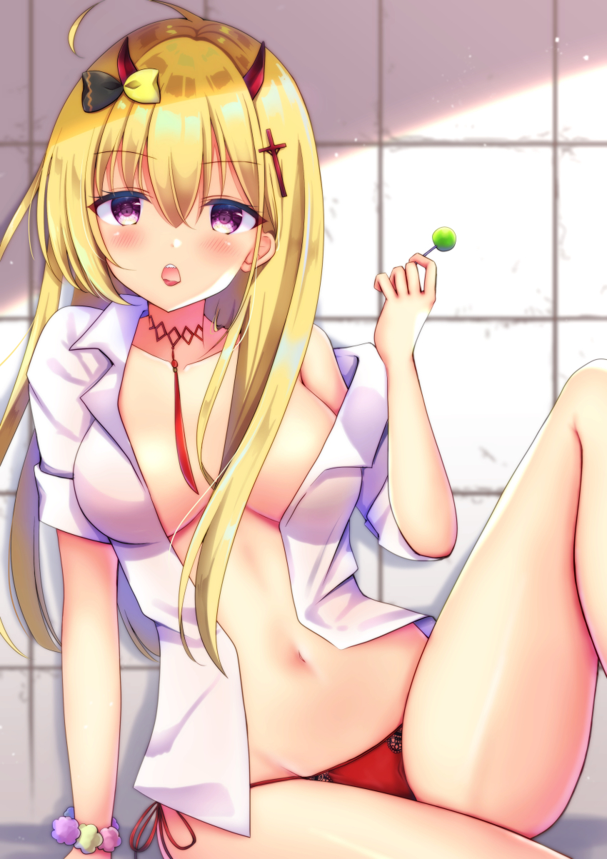 1girl, absurdres, ahoge, arm_support, azur_lane, blonde_hair, blush, bow