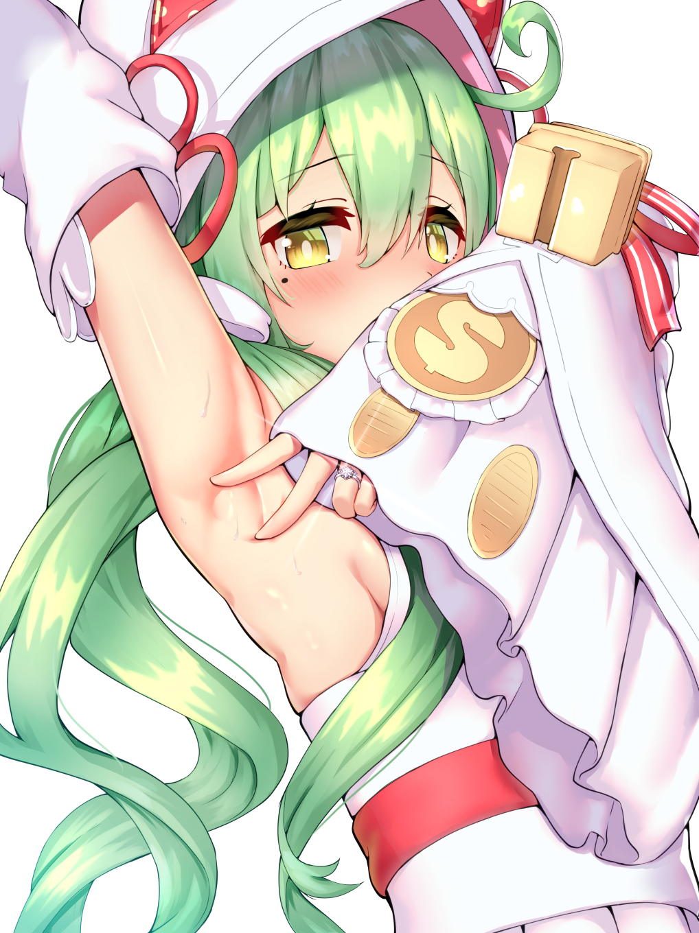 1girl, ahoge, akashi_(azur_lane), akashi_(white_cat's_repayment)_(azur_lane), animal_ears, arm_up, armpit_focus, armpits, azur_lane, blush, breasts, cat_ears, coin_(ornament), commentary_request, covered_mouth, detached_sleeves, dollar_sign, dress, glint, green_hair, hair_between_eyes, highres, hood, hood_up, japanese_clothes, jewelry, kimono, long_hair, long_sleeves, looking_at_viewer, mole, mole_under_eye, nose_blush, ornate_ring, presenting_armpit, ring, sideboob, sidelocks, simple_background, sleeveless, sleeveless_kimono, sleeves_past_wrists, small_breasts, solo, spread_armpit, standing, sweat, tri_tails, tsunokakushi, uchikake, upper_body, ushimittsu, very_long_hair, wedding_dress, wedding_ring, white_background, white_kimono, white_sleeves, yellow_eyes