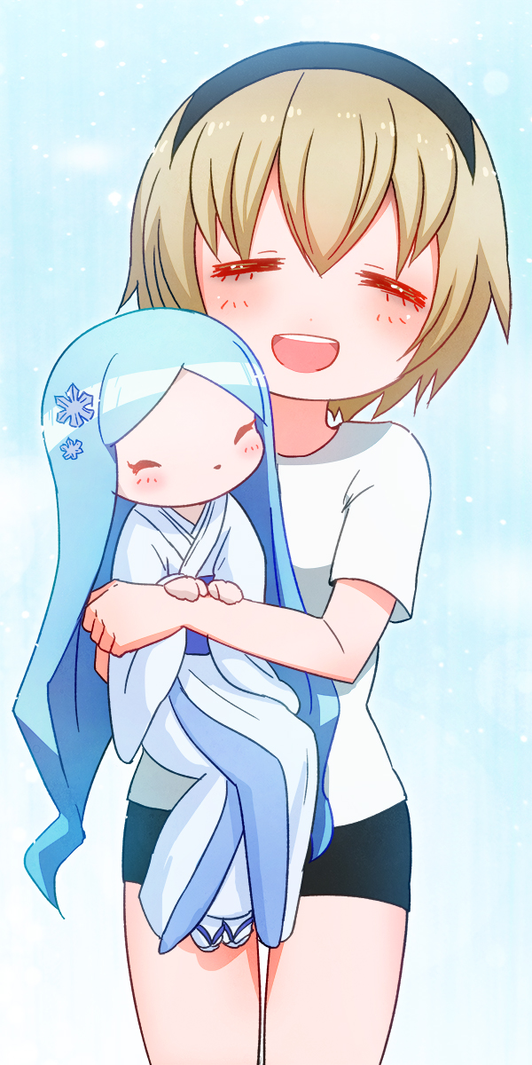 2girls, animal_nose, bike_shorts, black_shorts, blonde_hair, blue_background, blue_hair, blush