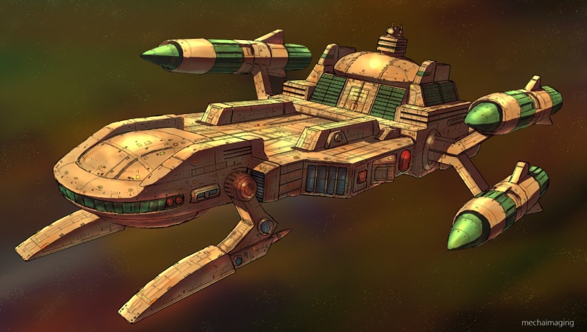 artist_name, densetsu_kyojin_ideon, floating, no_humans, orange_background, retro_artstyle, science_fiction, solo