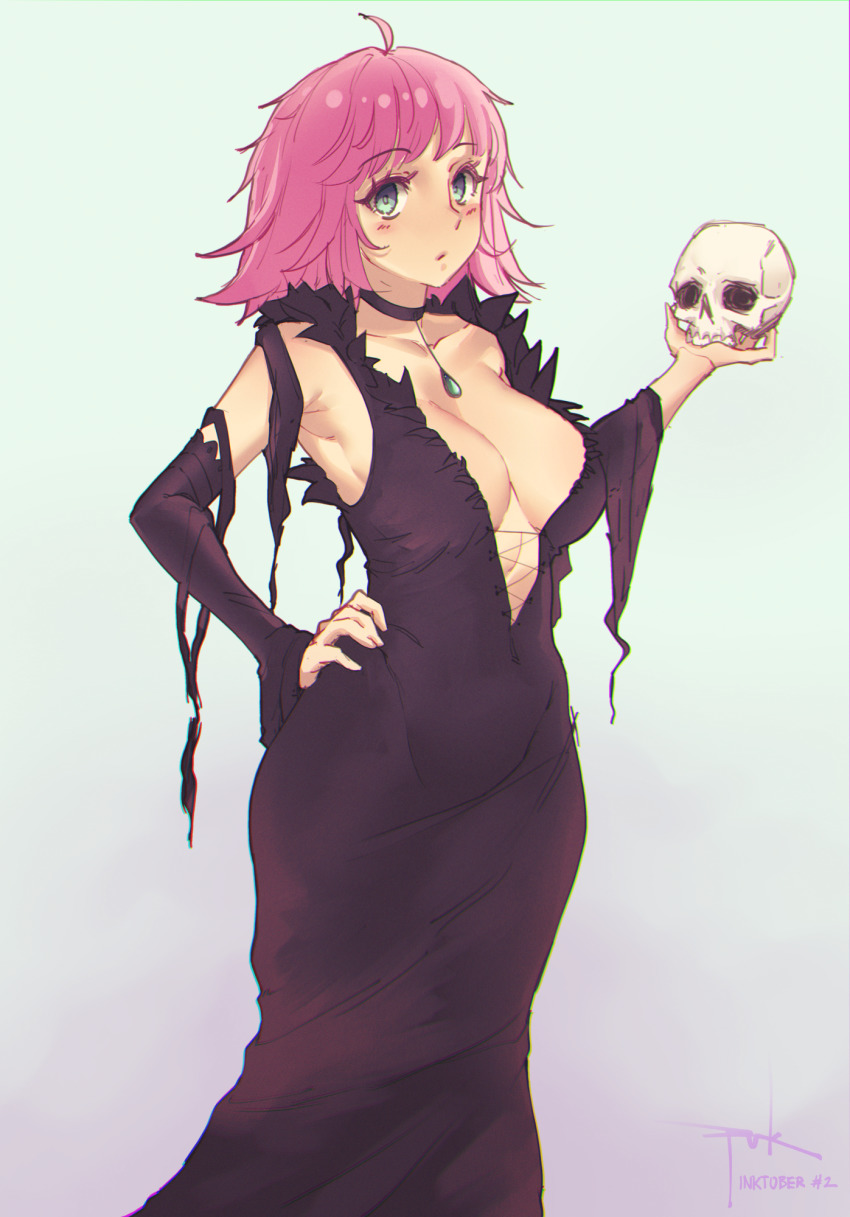 1girl, ahoge, black_choker, breasts, choker, chromatic_aberration, cleavage, detached_sleeves, dress, green_eyes, halloween, halloween_costume, hand_on_own_hip, highres, holding, holding_skull, jewelry, large_breasts, long_dress, n1rv_ann-a, no_bra, pendant, pink_hair, plunging_neckline, puk_(higanbana_doujin), sam_(n1rv_ann-a), short_hair, simple_background, skull, solo