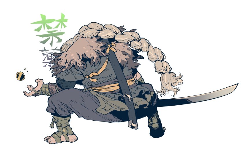 1boy, barefoot, braid, commentary, covered_face, english_commentary, fighting_stance, fingernails