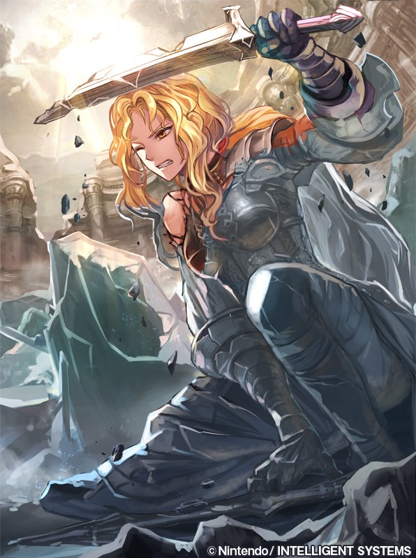 1girl, blonde_hair, brigid_(fire_emblem), broken, broken_sword, broken_weapon, closed_eyes, eyvel_(fire_emblem)