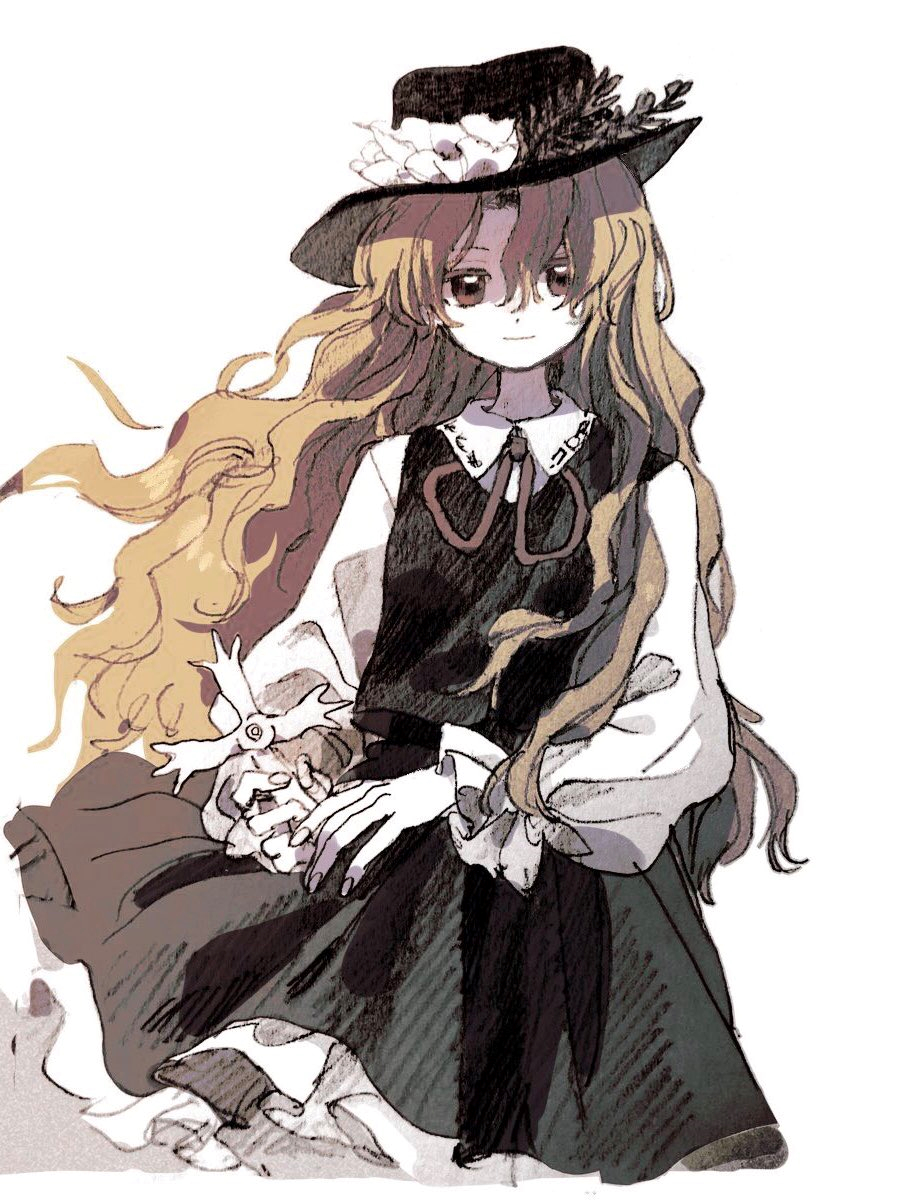1girl, black_hat, black_skirt, black_vest, blonde_hair, brown_eyes, character_request, check_character, closed_mouth, cowboy_shot, cross, floating_hair, flower, graphite_(medium), hat, hat_flower, highres, holding, holding_cross, jacket_girl_(dipp), ka_(996beshi), kirisame_marisa, long_hair, long_sleeves, looking_at_viewer, mixed_media, neck_ribbon, ribbon, simple_background, skirt, smile, solo, touhou, traditional_media, very_long_hair, vest, white_background