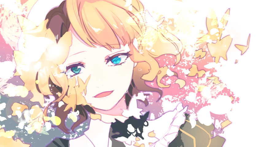 1girl, beatrice_(umineko), blonde_hair, blue_eyes, brown_hair, bug, butterfly, dual_persona
