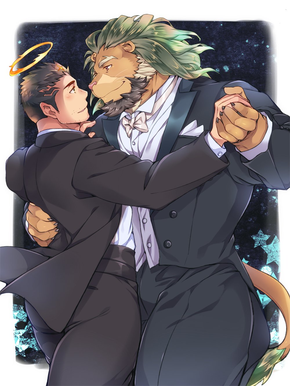 2boys, animal_ears, arsalan_(tokyo_houkago_summoners), bara, beard, black_hair, black_suit, blue_suit