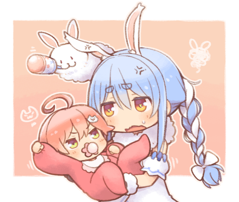 1other, 2girls, aged_down, ahoge, anger_vein, animal_ear_fluff, animal_ears, baby