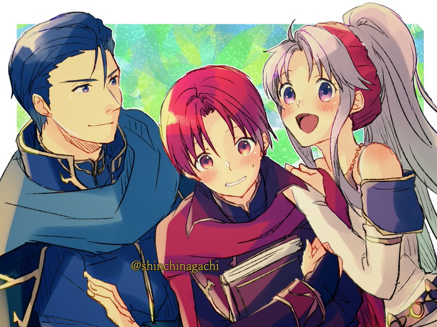 1girl, 2boys, :d, azelle_(fire_emblem), blue_hair, blush, book, cape