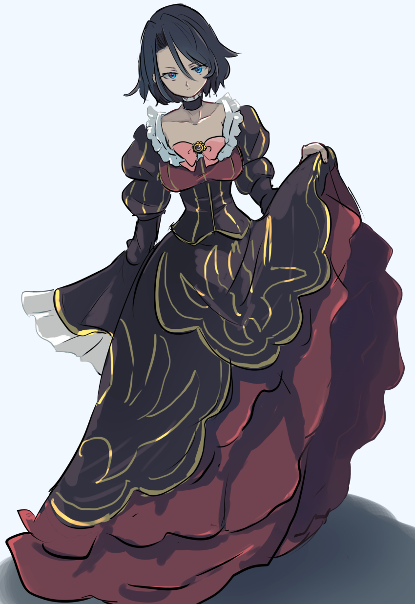 androgynous, blue_background, blue_eyes, bow, brown_hair, choker, collarbone, dress, dual_persona, frills, gender_request, highres, juliet_sleeves, long28, long_sleeves, puffy_sleeves, shannon_(umineko), short_hair, simple_background, spoilers, umineko_no_naku_koro_ni, yasu_(umineko)