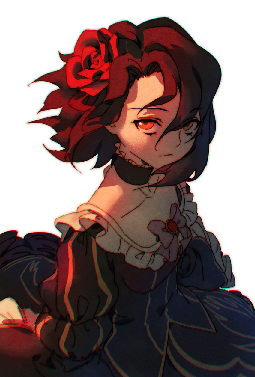 aluce, androgynous, bow, brown_hair, choker, collarbone, dress, flower