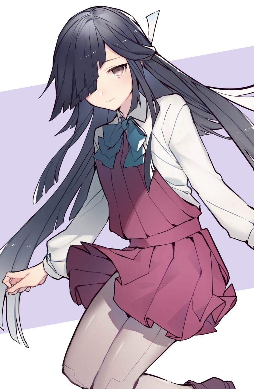 1girl, aqua_bow, aqua_bowtie, bad_id, bad_twitter_id, black_hair, bow, bowtie, closed_mouth, dress, grey_pantyhose, hair_over_one_eye, hair_ribbon, hayashimo_(kancolle), highres, kantai_collection, long_hair, long_sleeves, pantyhose, ponko_(damachida), purple_dress, purple_eyes, ribbon, shirt, simple_background, smile, solo, two-tone_background, very_long_hair, white_shirt