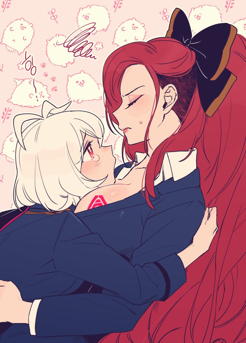 2girls, absurdres, antenna_hair, aohitsugi_nemu, breast_tattoo, breasts, brown_hair, cleavage, dog, eyelashes, eyeshadow, highres, hypnosis_mic, kadenokoji_ichijiku, leaning_on_person, lipstick, long_hair, makeup, multiple_girls, nyagoya, patterned_background, pink_background, ponytail, red_eyes, simple_background, tattoo, tears, undercut, very_long_hair, white_hair, yuri