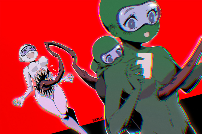 3girls, :d, among_us, blush, breasts, card, crewmate_(among_us), dutch_angle, fang, feet_out_of_frame, holding, holding_card, humanization, impaled, impostor_(among_us), long_tongue, medium_breasts, mini_crewmate_(among_us), multiple_girls, murder, open_mouth, pikat, red_background, skin_fang, skin_tight, smile, spacesuit, tongue, upper_body, very_long_tongue