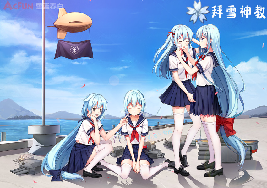 4girls, absurdly_long_hair, black_footwear, blue_eyes, blue_hair, blue_skirt, blue_sky, cannon