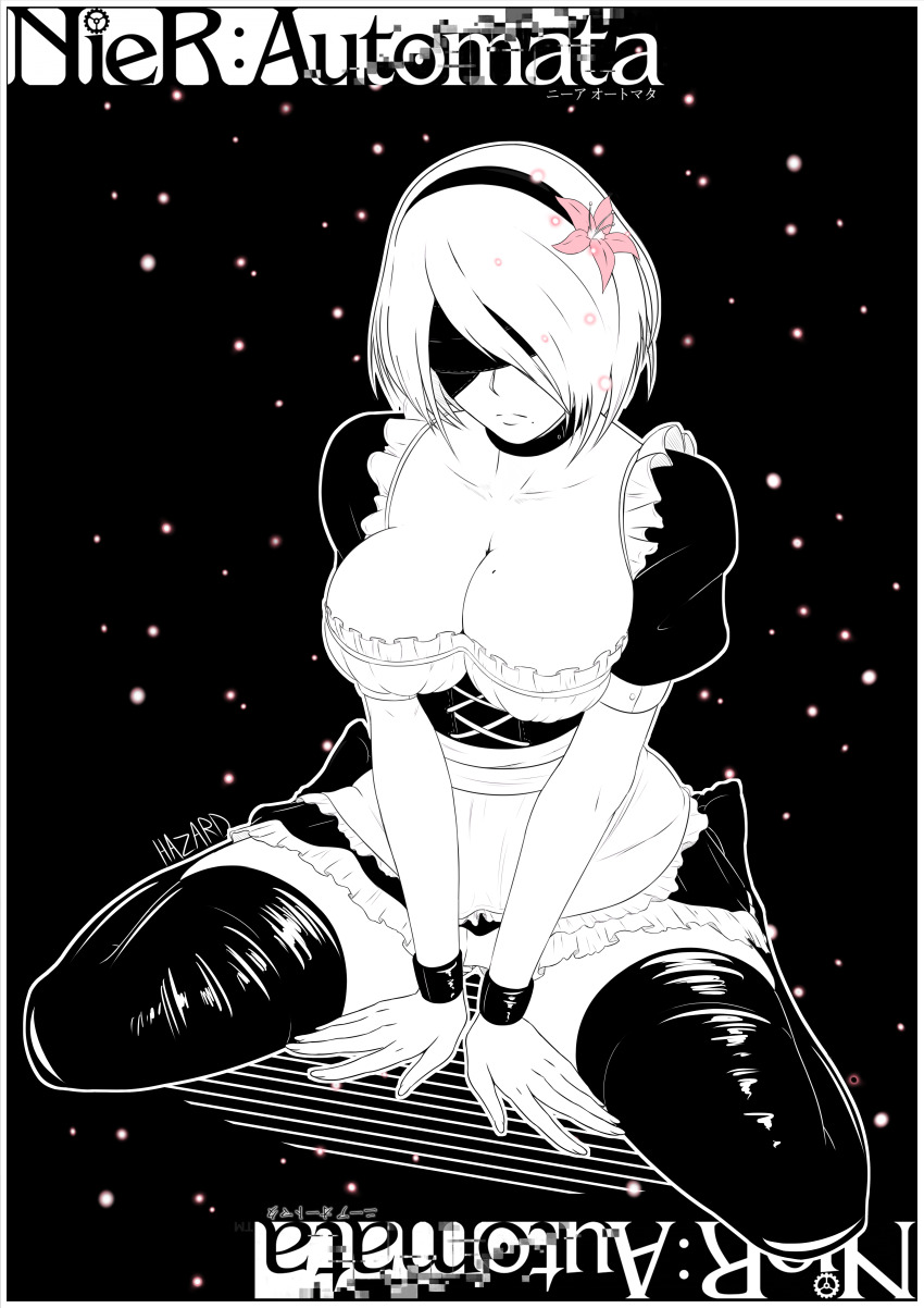 1girl, absurdres, alternate_costume, android, apron, black_background, blindfold, breasts, cleavage, copyright_name, corset, hazard_sys, high_contrast, highres, maid, mole, mole_on_breast, nier_(series), nier:automata, short_hair, solo, thighhighs, 2b_(nier:automata)