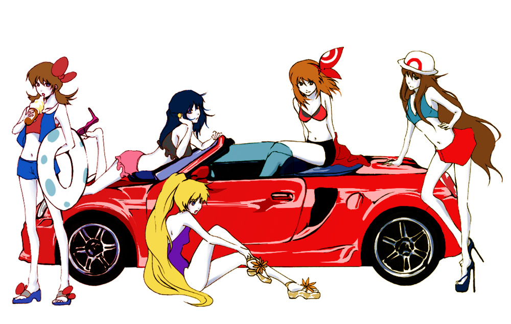00s, 5girls, alternate_costume, alternate_hair_length, alternate_hairstyle, alternate_headwear, bad_id, bad_pixiv_id, bandana, bikini, bikini_top_only, black_hair, blonde_hair, bow, brown_hair, car, casual_one-piece_swimsuit, colored_skin, dawn_(pokemon), food, frown, fuki_raito, green_(pokemon), hair_ornament, hairclip, hand_on_own_hip, hat, high_heels, hip_focus, ice_cream, innertube, jacket, legs, long_hair, lyra_(pokemon), may_(pokemon), midriff, motor_vehicle, mr-s, mr2, multiple_girls, nintendo, one-piece_swimsuit, open_shoes, pokemon, pokemon_adventures, pokemon_diamond/pearl/platinum, pokemon_firered_and_leafgreen, pokemon_heartgold_and_soulsilver, pokemon_ruby/sapphire/emerald, ponytail, porkpie_hat, race_queen, sandals, shoes, shorts, skirt, smile, swim_ring, swimsuit, tankini, toyota, toyota_mr-s, toyota_mr2, twintails, vehicle_focus, very_long_hair, white_background, white_skin, yellow_(pokemon)
