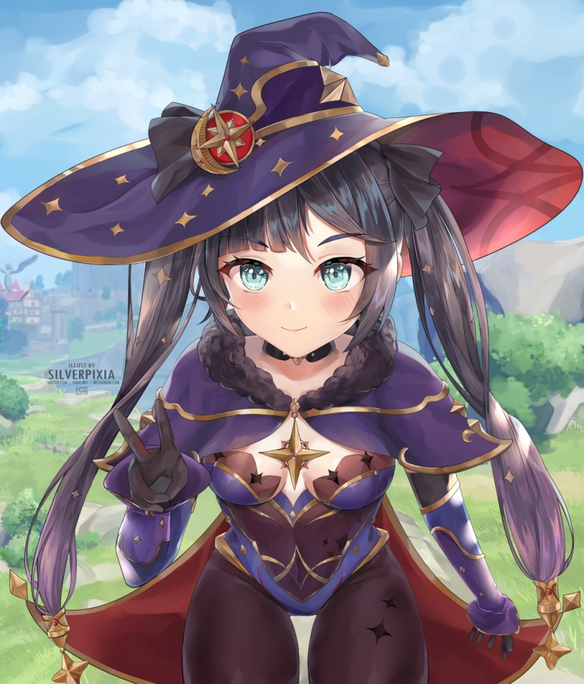 1girl, black_pantyhose, blush, breasts, capelet, cleavage, cloak, covered_navel, genshin_impact, gloves, green_eyes, hair_ornament, half-closed_eyes, highres, leaning_forward, long_hair, looking_at_viewer, mona_(genshin_impact), pantyhose, purple_hair, silverpixia, smile, solo, twintails, v