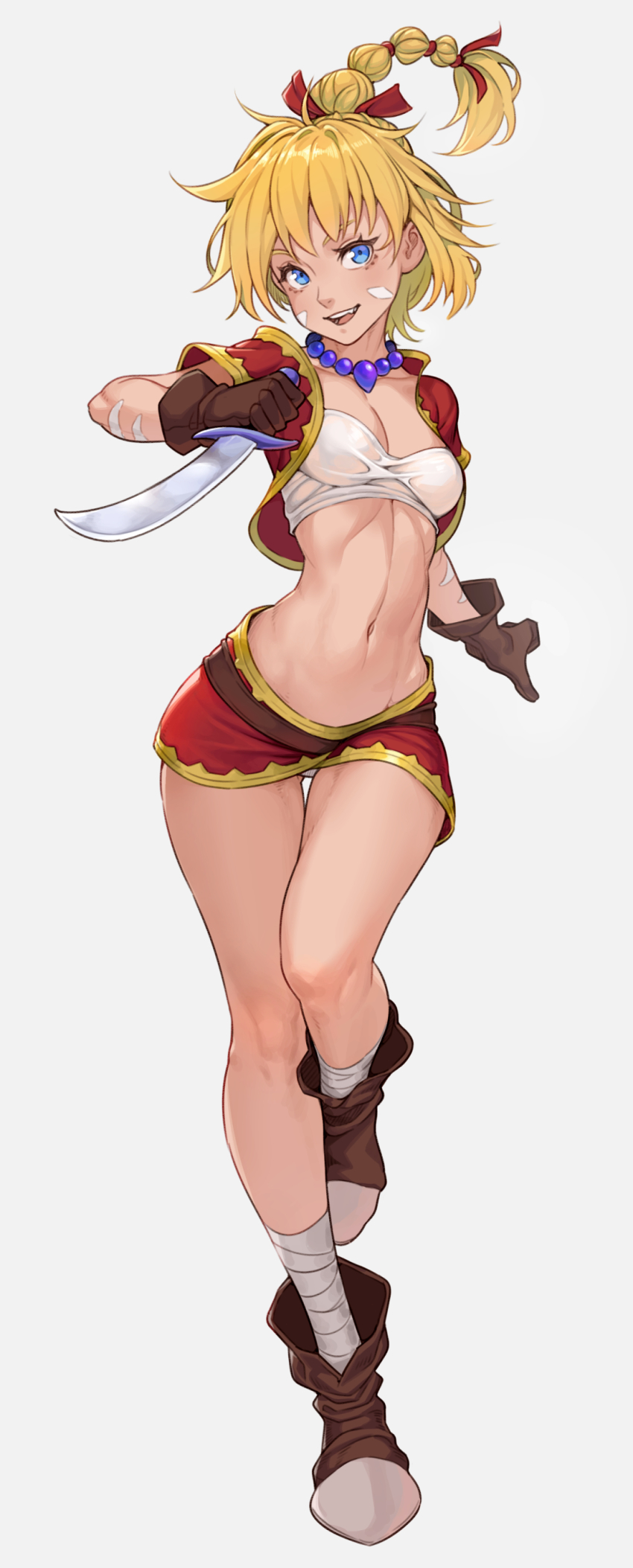 1girl, absurdres, ankle_boots, ankle_wrap, arm_tattoo, belt, blonde_hair, blue_eyes, boots, breasts, brown_boots, brown_gloves, cheshirrr, chrono_(series), chrono_cross, commentary, commission, dagger, english_commentary, facial_hair, fang, full_body, gloves, highres, holding, holding_dagger, holding_knife, holding_weapon, jewelry, kid_(chrono_cross), knife, magatama, magatama_necklace, miniskirt, multi-tied_hair, navel, necklace, open_clothes, open_vest, panties, pantyshot, petite, red_skirt, reverse_grip, running, skirt, small_breasts, solo, square_enix, tattoo, teeth, thigh_gap, toned, underwear, upper_teeth_only, vest, weapon, wet, wet_clothes, white_background