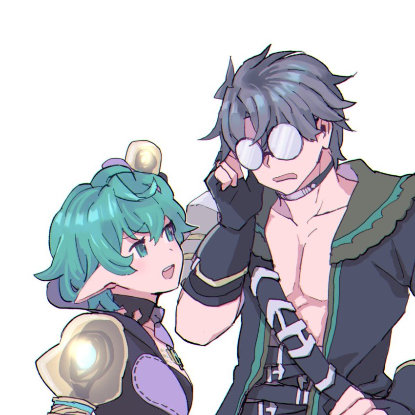 1boy, 1girl, belt, breasts, chest_jewel, coat, fingerless_gloves, glasses