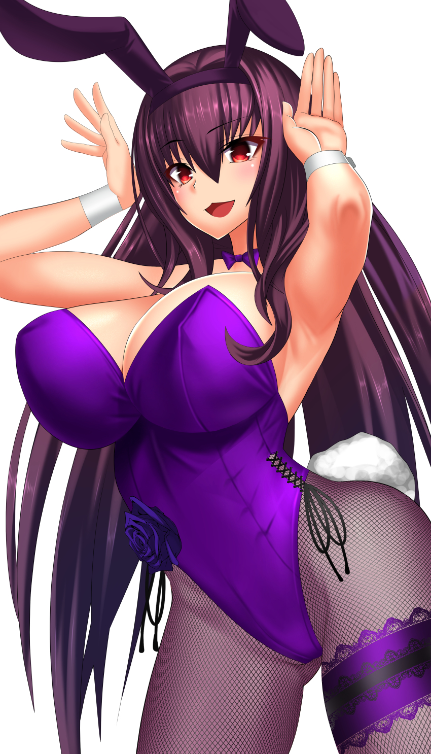 1girl, absurdres, animal_ears, bare_shoulders, blush, breasts, cleavage, fake_animal_ears, fate/grand_order, fate_(series), fishnet_pantyhose, fishnets, hair_between_eyes, hands_up, highleg, highleg_leotard, highres, kairyuu_(drshellon), large_breasts, leotard, long_hair, looking_at_viewer, official_alternate_costume, open_mouth, pantyhose, playboy_bunny, purple_hair, purple_leotard, rabbit_ears, rabbit_pose, rabbit_tail, red_eyes, scathach_(fate), scathach_(piercing_bunny)_(fate), simple_background, smile, tail, thighs, white_background, wrist_cuffs