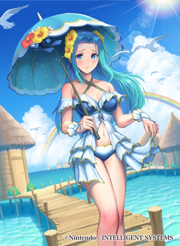 1girl, bird, blue_eyes, blue_hair, blush, breasts, cleavage, cloud, dock, fiora_(fire_emblem), fiora_(summer)_(fire_emblem), fire_emblem, fire_emblem:_the_blazing_blade, fire_emblem_cipher, flower, frills, hair_flower, hair_ornament, hata_(pixiv4102938), headband, light_blue_hair, long_bangs, midriff, nail_polish, nintendo, official_art, rainbow, seagull, swimsuit, umbrella