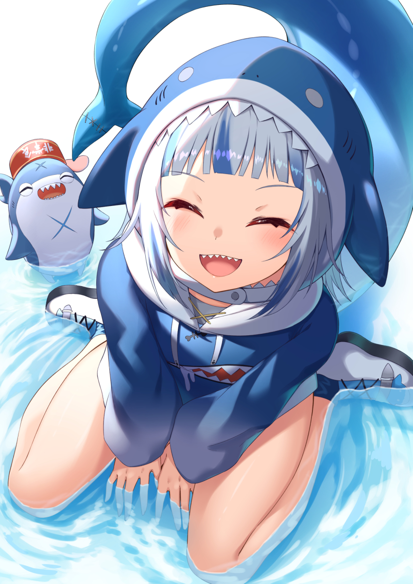1girl, :d, ^_^, animal_hood, bloop_(gawr_gura), blue_hair, blue_hoodie, blue_jacket