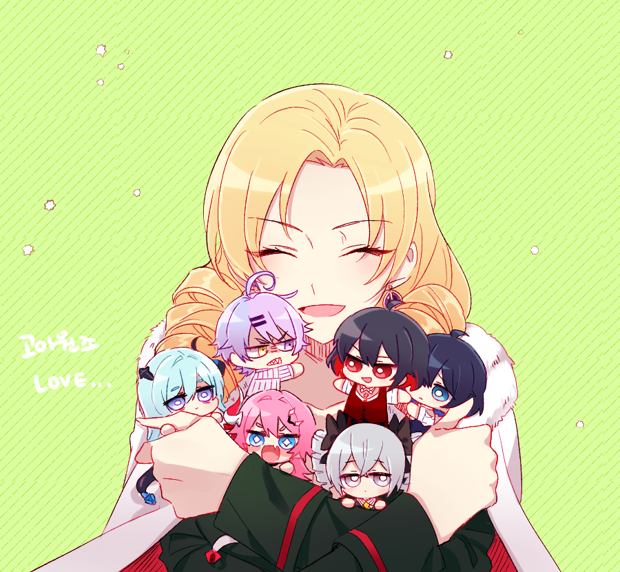 6+girls, 6_(yuchae), ahoge, black_hair, blonde_hair, blue_eyes, blue_hair, bow