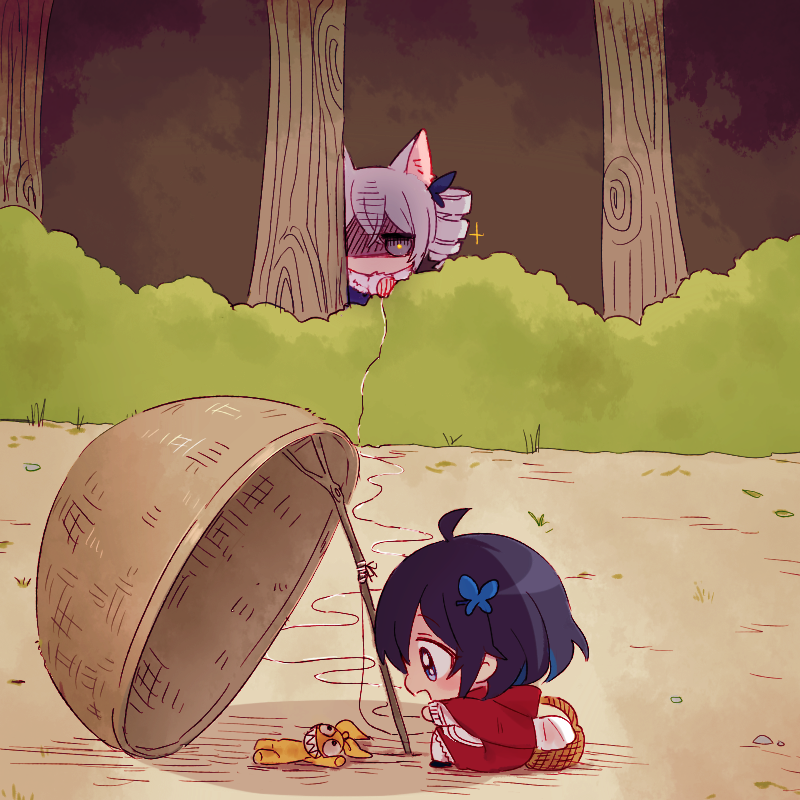 2girls, 6_(yuchae), ahoge, animal_ears, basket, big_bad_wolf, big_bad_wolf_(cosplay), bronya_zaychik