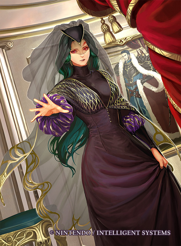 1girl, almedha_(fire_emblem), armor, ashnard_(fire_emblem), bedroom, black_armor, black_dress, black_veil