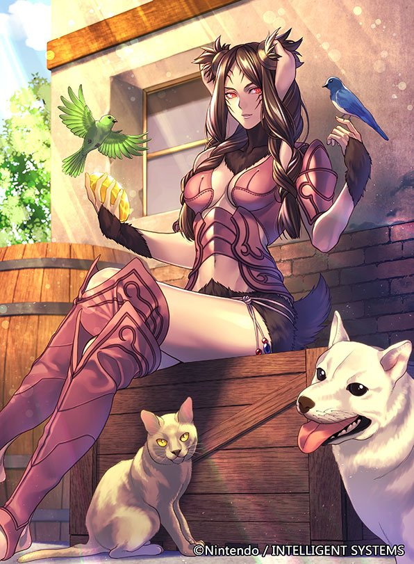 1girl, animal_ears, armor, barrel, bird, boots, braid, braided_bangs, breasts, brown_hair, cat, cleavage, crate, dog, facial_mark, fire_emblem, fire_emblem_awakening, fire_emblem_cipher, floppy_ears, fur, light_rays, midriff, nintendo, official_art, outdoors, panne_(fire_emblem), purple_armor, rabbit_ears, rabbit_girl, rabbit_tail, red_eyes, stone, string_belt, tail, thighs, twin_braids, weapon, yoneko_okome