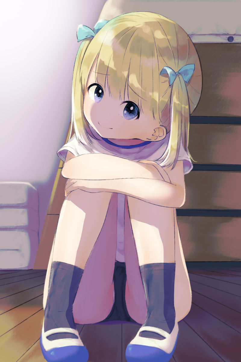 1girl, black_shoes, blonde_hair, blue_buruma, blue_eyes, buruma, comomo, crossed_arms, gym_storeroom, gym_uniform, highres, hugging_own_legs, indoors, knees_to_chest, knees_up, legs, long_hair, original, panties, panties_under_buruma, panty_peek, ribbon, shirt, shoes, short_sleeves, smile, socks, solo, thighs, twintails, underwear, uwabaki, vaulting_horse, white_shirt, white_shoes