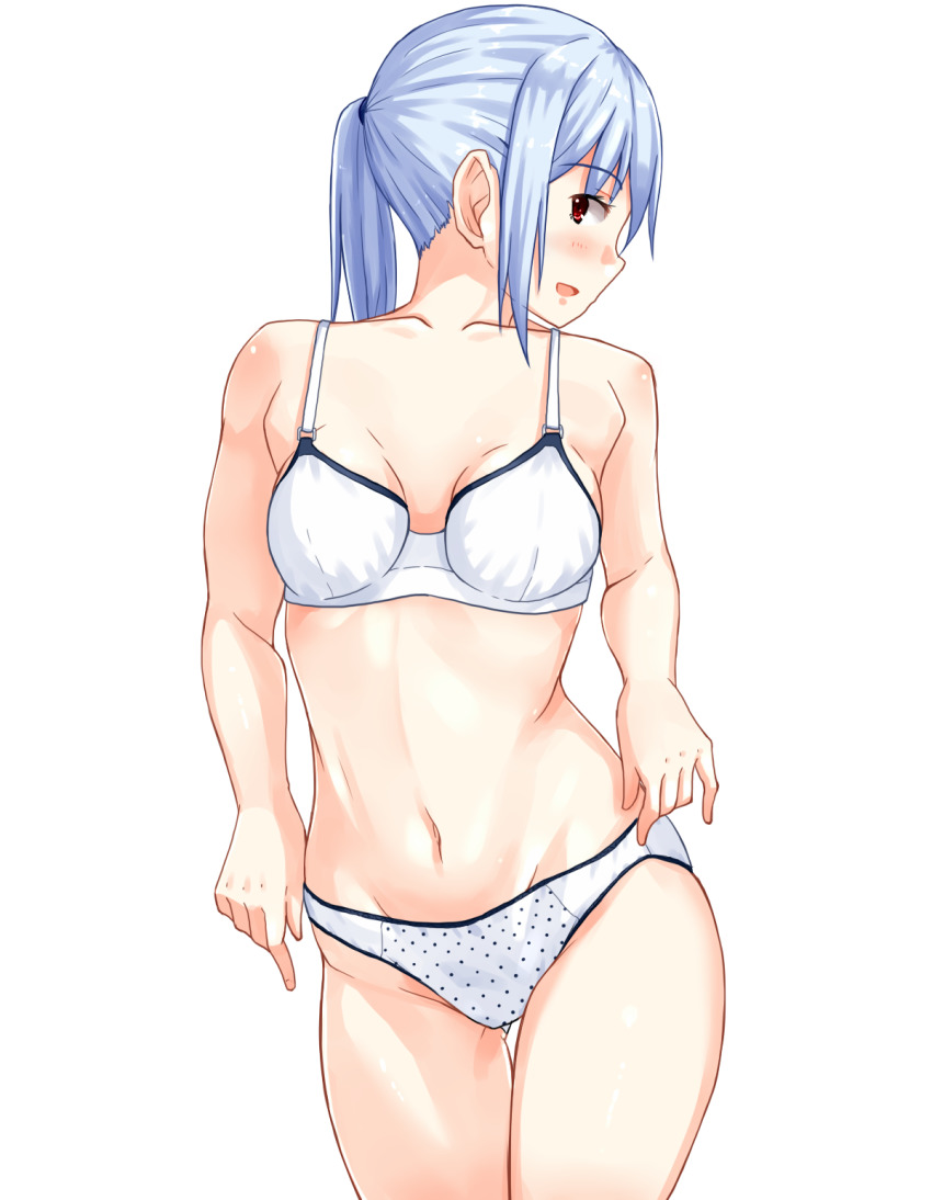 1girl, blue_hair, blush, bra, breasts, cowboy_shot, gluteal_fold, hair_tie