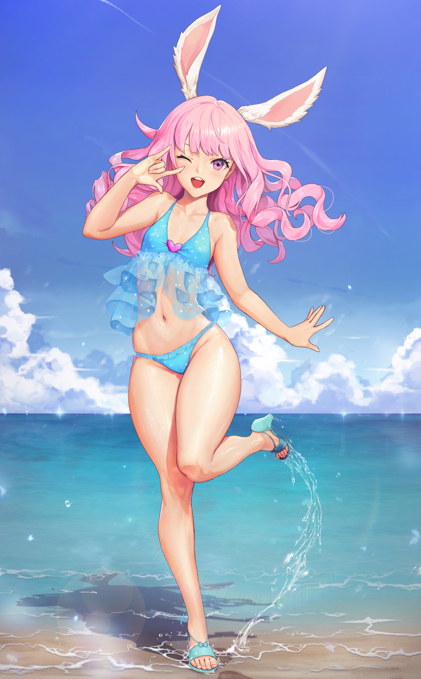 1girl, :d, absurdres, animal_ears, arm_up, beach, bikini, blue_bikini, blue_shoes, blue_sky, breasts, cleavage, cloud, curly_hair, day, elin, extra_ears, foot_up, frilled_bikini, frills, full_body, hand_to_own_mouth, hand_up, heart, high_heels, highres, horizon, knees_together_feet_apart, leg_up, legs, lens_flare, long_hair, looking_at_viewer, m/, navel, ocean, one_eye_closed, open_mouth, outdoors, pink_eyes, pink_hair, rabbit_ears, shoes, sky, small_breasts, smile, solo, standing, standing_on_one_leg, swimsuit, teeth, tera_online, thighs, toes, upper_teeth_only, water, wavy_hair, y.i._(lave2217)