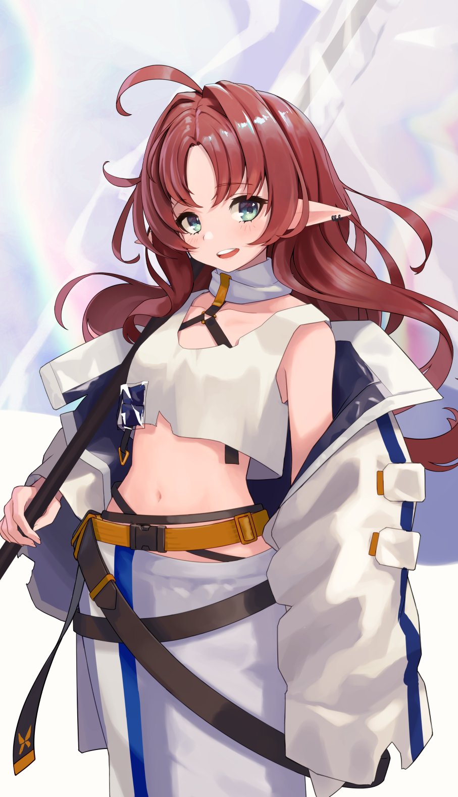 1girl, ahoge, arknights, banner, brown_hair, ear_piercing, green_eyes, highres, long_hair, midriff, myrtle_(arknights), navel, off-shoulder_jacket, off_shoulder, over_shoulder, piercing, pointy_ears, t-naka-s-12