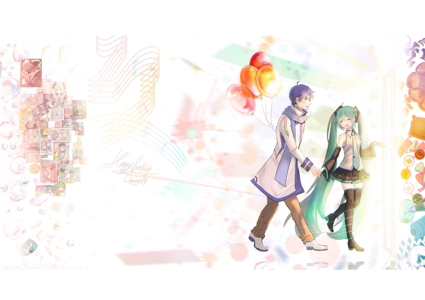 1boy, 1girl, absurdres, aimaina, aisarenakute_mo_kimi_ga_iru_(vocaloid), aqua_hair, aqua_necktie, balloon