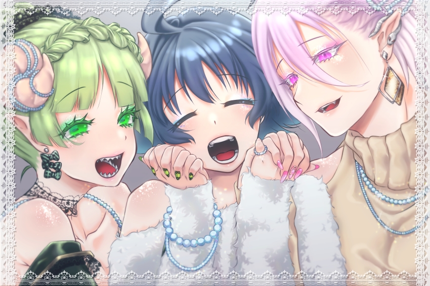 1girl, 2boys, absurdres, asmodeus_alice, bare_shoulders, blue_hair, crossdressing, dress