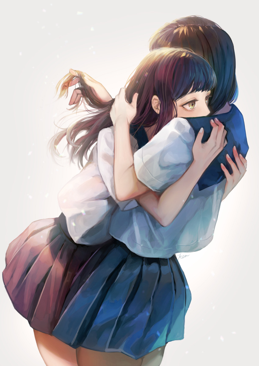 2girls, blonde_hair, brown_hair, hand_in_another's_hair, hands_in_hair, highres, hug, long_hair
