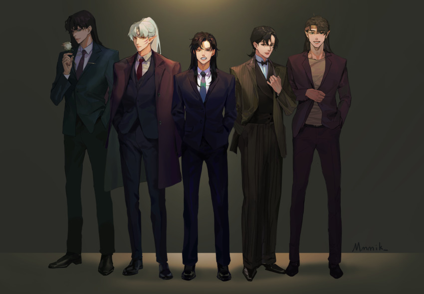 5boys, adjusting_clothes, alternate_hairstyle, black_footwear, black_hair, bow, bowtie, brothers, brown_background, clenched_teeth, coat, collared_shirt, contemporary, crescent, facial_mark, flower, forehead_mark, formal_clothes, frown, green_neckwear, grin, hand_in_pocket, hand_up, hands_in_pockets, high_ponytail, highres, holding, holding_flower, inuyasha, inuyasha_(character), jacket, kouga_(inuyasha), legs_apart, lineup, long_hair, looking_at_viewer, low_ponytail, male_focus, miroku_(inuyasha), mmmilk, multiple_boys, naraku_(inuyasha), necktie, pants, pointy_ears, ponytail, red_coat, red_hair, rose, sesshoumaru, shirt, shoes, siblings, signature, smile, standing, suit, t-shirt, teeth, white_flower, white_hair, white_rose, white_shirt, wing_collar