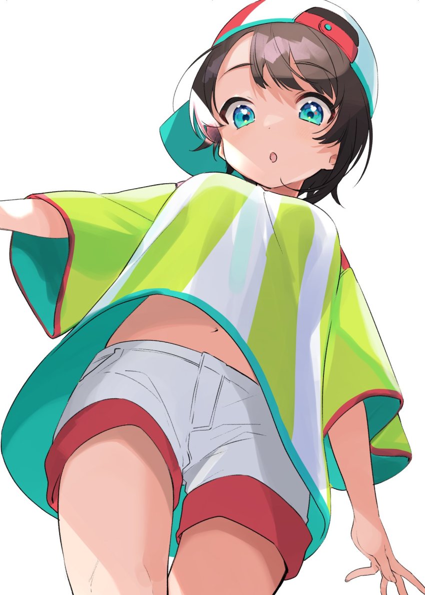 1girl, asymmetrical_bangs, backwards_hat, baseball_cap, black_hair, blue_eyes, breasts, commentary