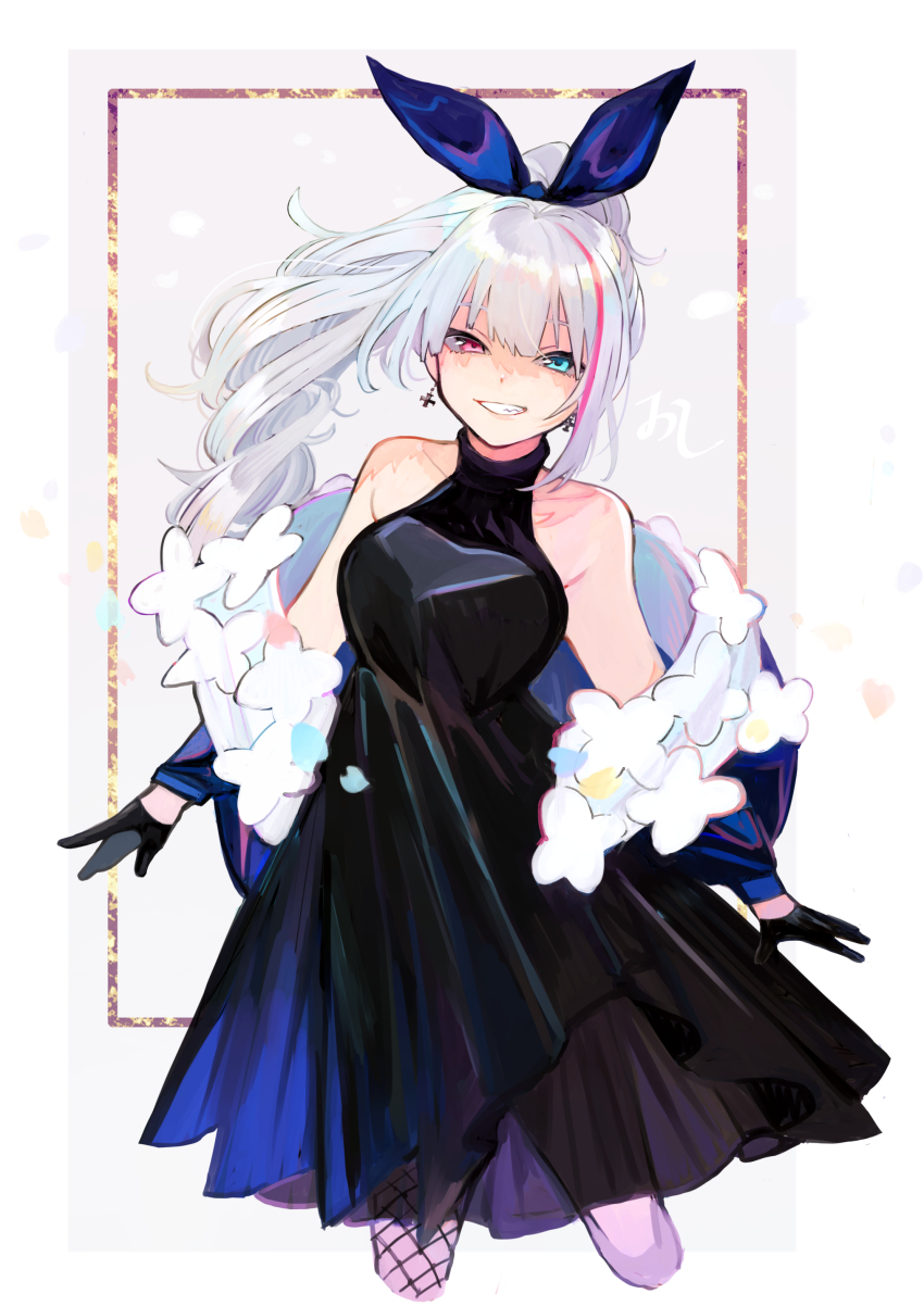 1girl, aaoshigatoutoi, absurdres, bare_shoulders, black_dress, black_gloves, blue_eyes, dress