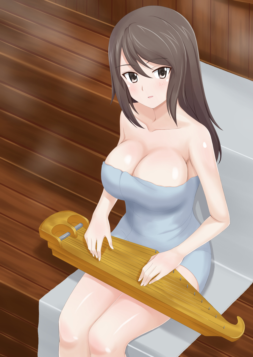 1girl, absurdres, bench, breasts, brown_eyes, brown_hair, cleavage, collarbone
