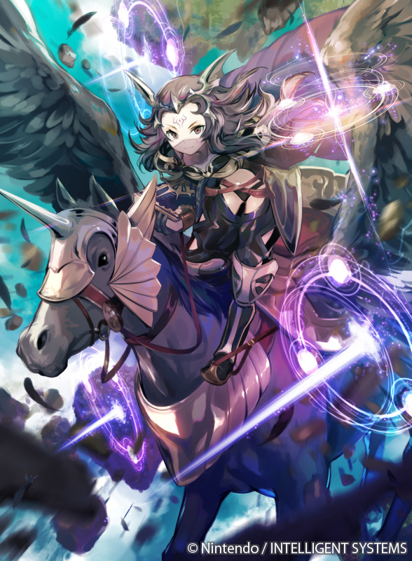 1girl, armor, armored_boots, black_hair, book, boots, breastplate, circlet, clothing_cutout, dark_magical_circle, fire_emblem, fire_emblem_cipher, fire_emblem_fates, flat_chest, flying, hair_ornament, head_wings, holding, holding_weapon, kawasumi_mahiro, magic, midriff, mouth_veil, nintendo, nyx_(fire_emblem), official_art, panties, pegasus, red_eyes, shoulder_armor, thigh_cutout, underwear, veil, weapon, wings
