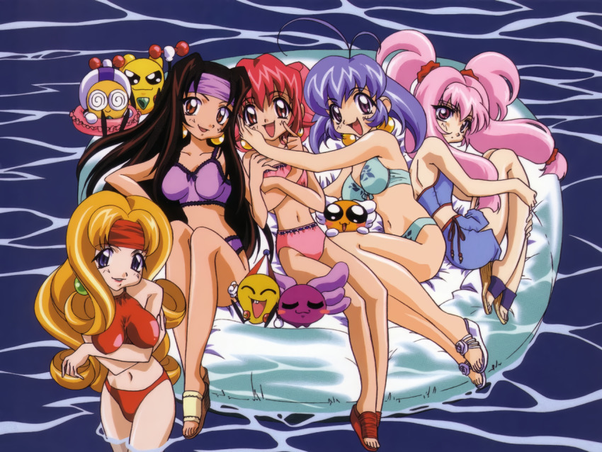 1990s_(style), 5girls, akihabara_dennou_gumi, antenna_hair, bikini, blonde_hair, blue_eyes, blue_hair