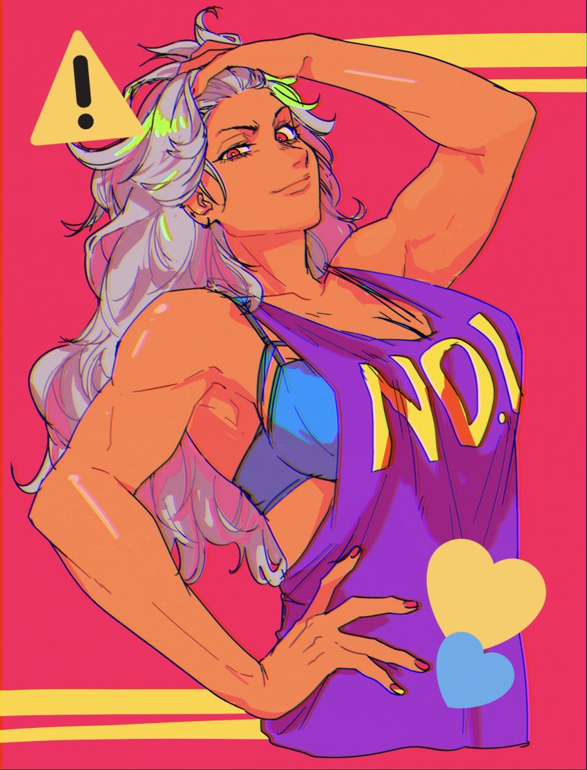 1girl, adjusting_hair, bikini, blue_bikini, breasts, cleavage, clothes_writing, dorohedoro, drgryu750, english_text, heart, highres, long_hair, magenta_background, muscular, muscular_female, nail_polish, neon_trim, noi_(dorohedoro), pink_background, pink_nails, red_eyes, shirt, sign, sleeveless, sleeveless_shirt, smile, swimsuit, warning_sign, white_hair