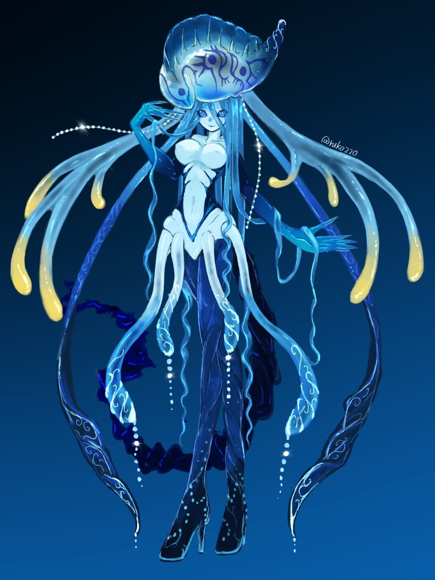 1girl, black_sclera, blue_background, blue_eyes, blue_hair, blue_skin, breasts, collarbone, colored_sclera, colored_skin, commentary_request, crossed_legs, eyes_visible_through_hair, full_body, gradient_background, high_heels, highres, jellyfish, jellyfish_girl, large_breasts, long_fingers, long_hair, monster_girl, navel, original, portuguese_man_o'_war, signature, solo, tentacle_hair, user_rcpg5483, very_long_hair, watson_cross
