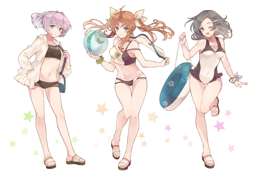 3girls, bag, ball, bare_legs, beachball, bikini, bikini_shorts, black_bikini, black_hair, blue_eyes, blush, breasts, brown_hair, closed_mouth, collarbone, full_body, green_scrunchie, groin, hair_between_eyes, hair_ornament, hair_ribbon, holding, holding_ball, holding_beachball, innertube, jacket, kagerou_(kancolle), kantai_collection, kuroshio_(kancolle), long_hair, long_sleeves, looking_at_viewer, multicolored_bikini, multiple_girls, navel, one-piece_swimsuit, one_eye_closed, open_clothes, open_jacket, open_mouth, pink_hair, ponytail, purple_eyes, ribbon, sandals, scrunchie, shakemi_(sake_mgmgmg), shiranui_(kancolle), short_hair, shorts, shoulder_bag, simple_background, small_breasts, smile, standing, standing_on_one_leg, star_(symbol), swim_ring, swimsuit, swimsuit_under_clothes, tankini, thigh_gap, toes, twintails, white_background, white_jacket, white_ribbon, wrist_scrunchie, yellow_eyes